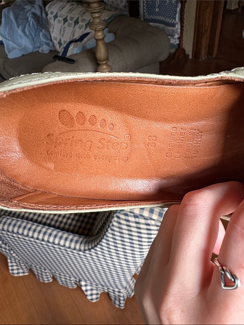 Spring step Sage Green Slip-Ons with intricate design. - Picture 2 of 5